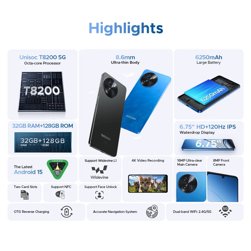 Global Version DOOGEE Note 59 5G Smartphone 8GB 128GB 6250mAh Large Battery 6.75" 120Hz UNISOC T8200 Octa Core Android 15 NFC
