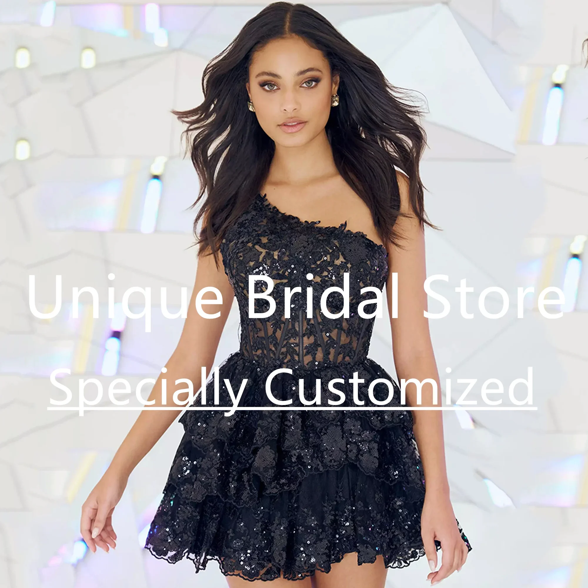 فساتين كوكتيل مسائية كلاسيكية مخصصة، زينة جميلة على شكل حرف A، حزام كتف واحد بدون أكمام، ظهر مفتوح، حفلة قصيرة Pr #3