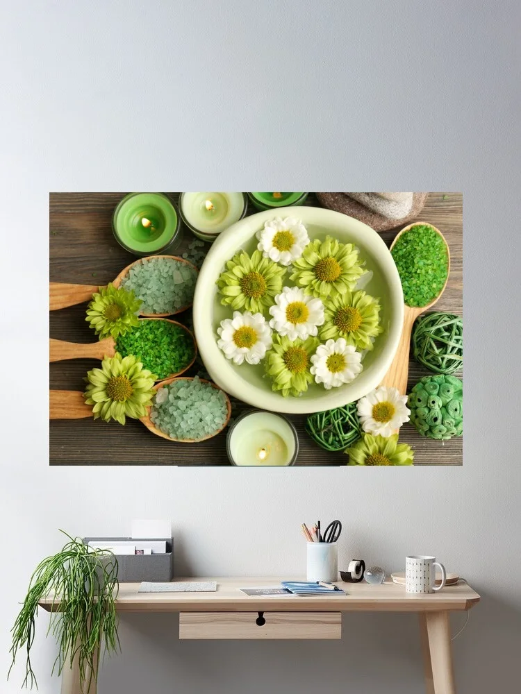 Spa arrangement with flowers, candles, and bath salts, Art Print Canvas Poster, Living Room Decor, Home Wall Picture
