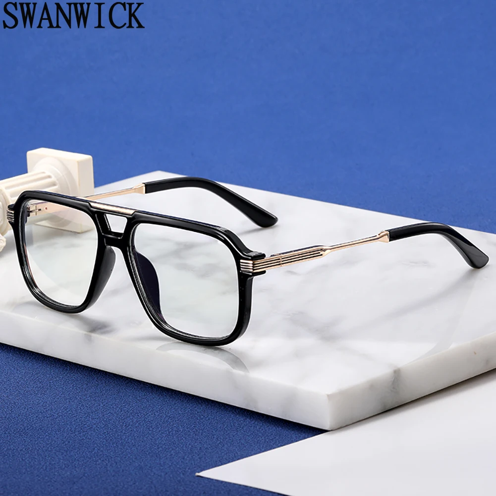 Swanwick-Lunettes bloquant la lumière bleue pour hommes, demi-métal, grand cadre carré, TR90, noir, bleu, lentille transparente, décoration