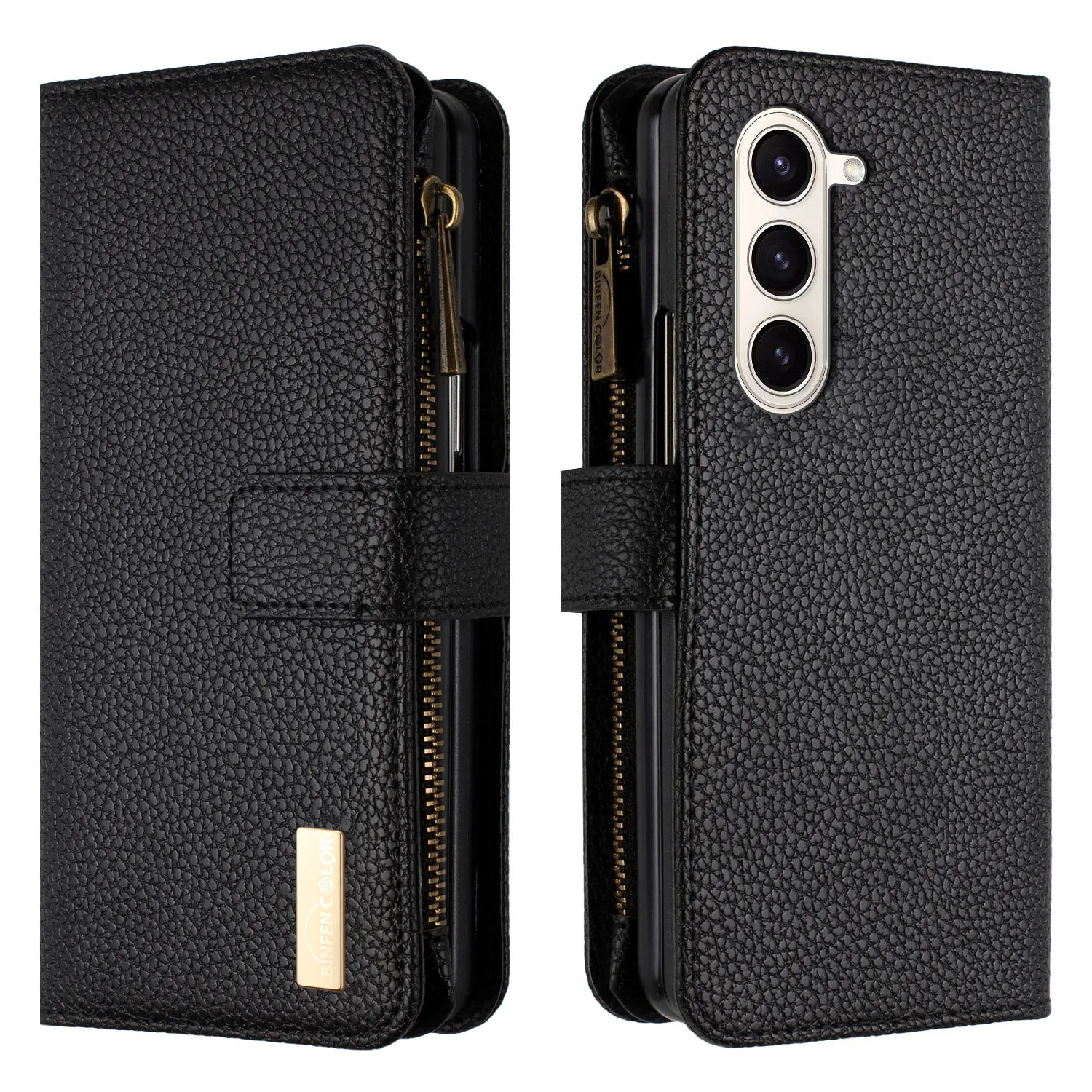 For Samsung Galaxy Z Fold 6 5 4 3 Case Wallet Magnetic Lychee Grain Leather Zipper Flip Card Slot Pocket Shockproof Hard Cover