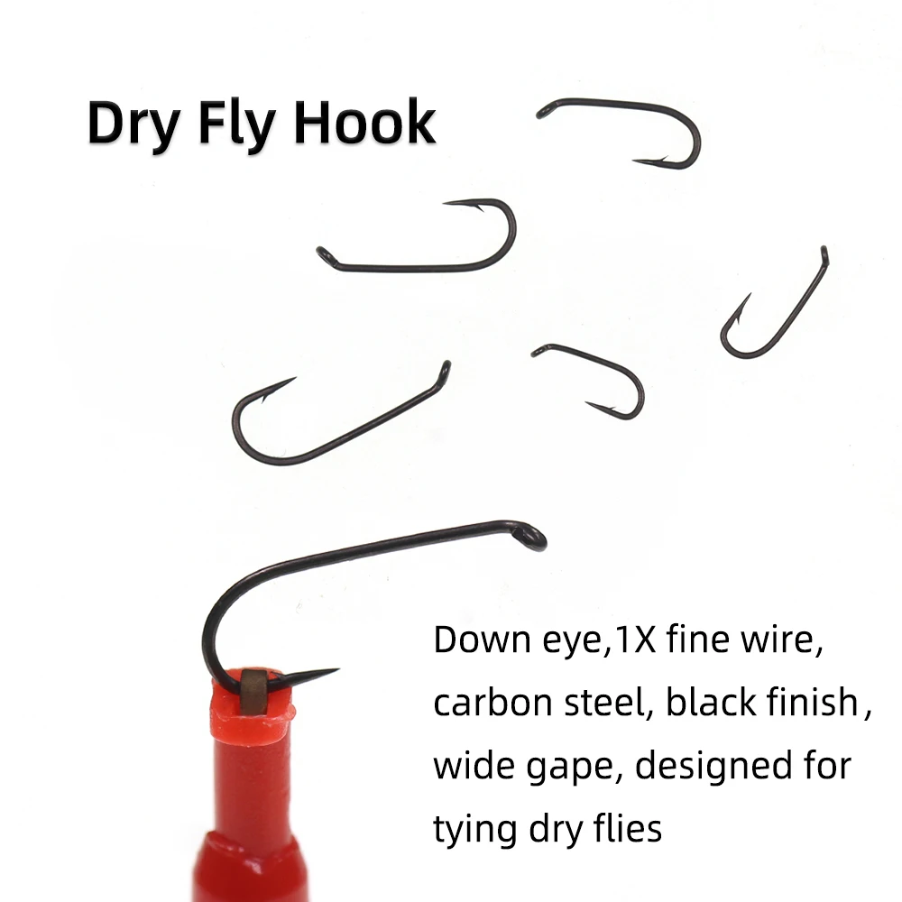 30PCS 22# ~ 12# Down Eye Long Shank 1X Fine Wire Dry Fly Tying Hooks Black Nickel Finished Fly Fishing Hook Rainbow Trout