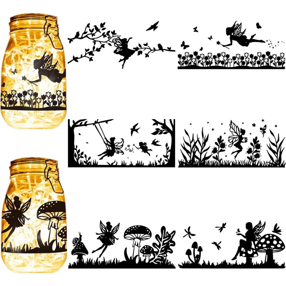 6Pcs Fairy Silhouettes Mason Jar Decor Angel Lantern Laser Cutouts Ornaments Mushroom Branch Scrapbook for Frosted Glass Wall