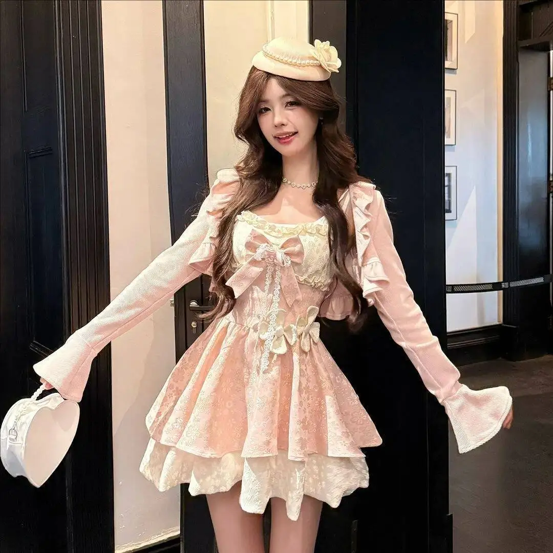 

Sweet Princess High Waist Ruffle Bow Design Lace 2 Piece Dress Set Women Square Neck Mini Dress Female Chic Summer Daily Party