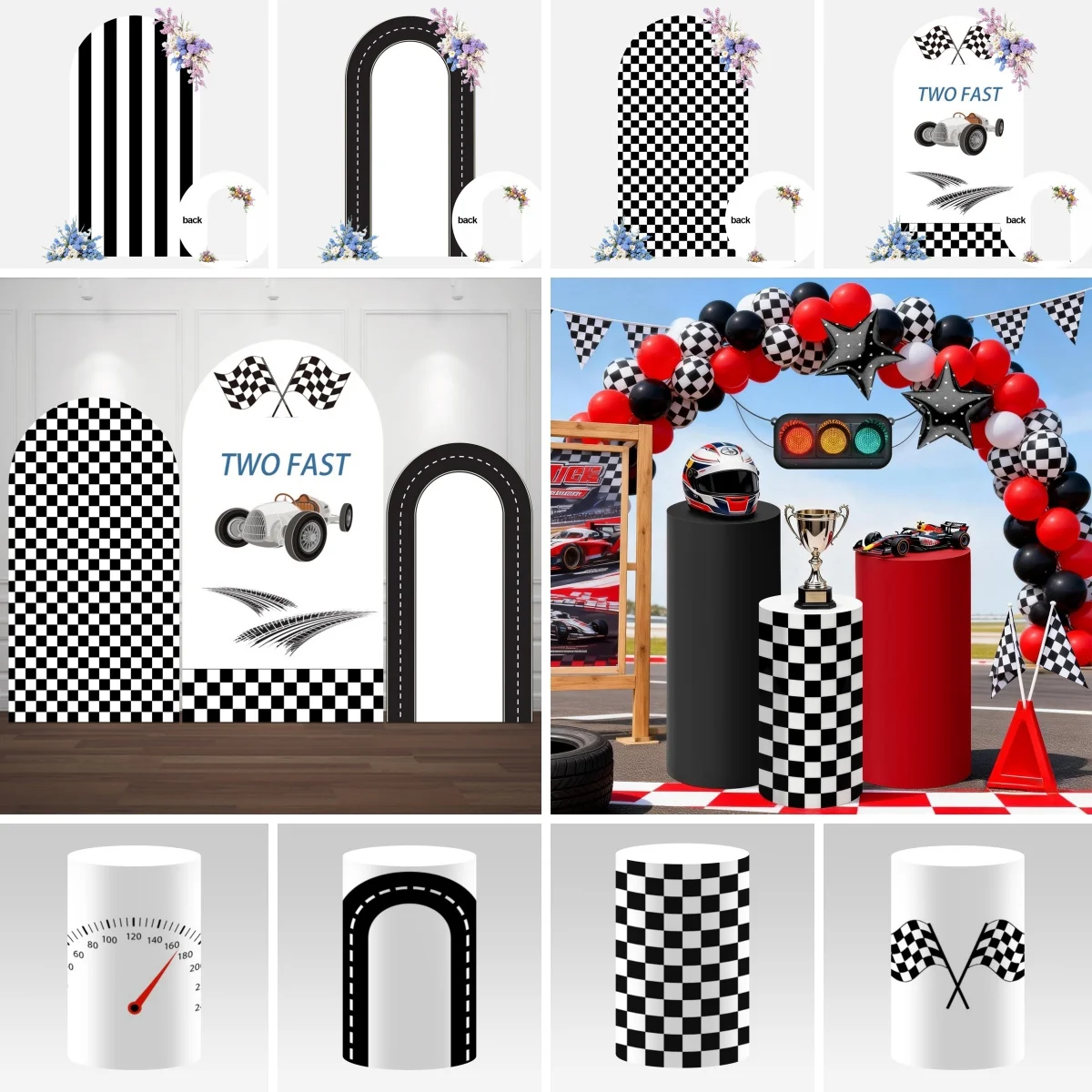 Housse de fond de scène en forme d'arche de voiture de course pour fête d'anniversaire de garçons, avec motif moto et piste de course noir et blanc, en Spandex extensible, pour supports cylindriques