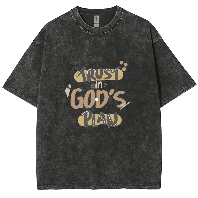 

Trust In God's Plan Y2k Short Sleeve Washed T-Shirt, Creative Printed Unisex Vintage Streetwear New Fashion Casual Tee Plus Size