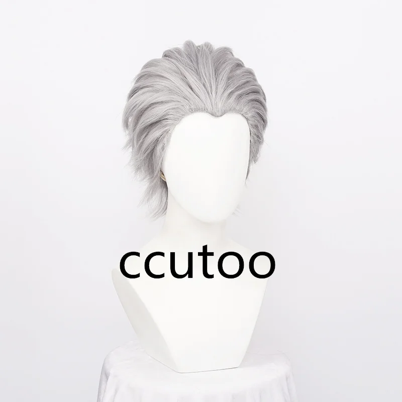 Peluca de Cosplay de Vergil sintética para hombre, pelo corto plateado y gris con parte trasera cortada, resistente al calor, gorro de peluca