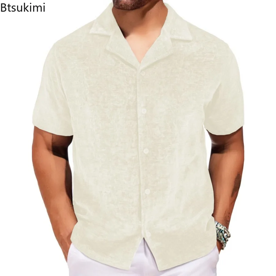New 2025 Men's Summer Top Textured Suit Collar Short Sleeve Shirt for Men Fashion Streetwear Casual Loose Solid Color Shirt Male