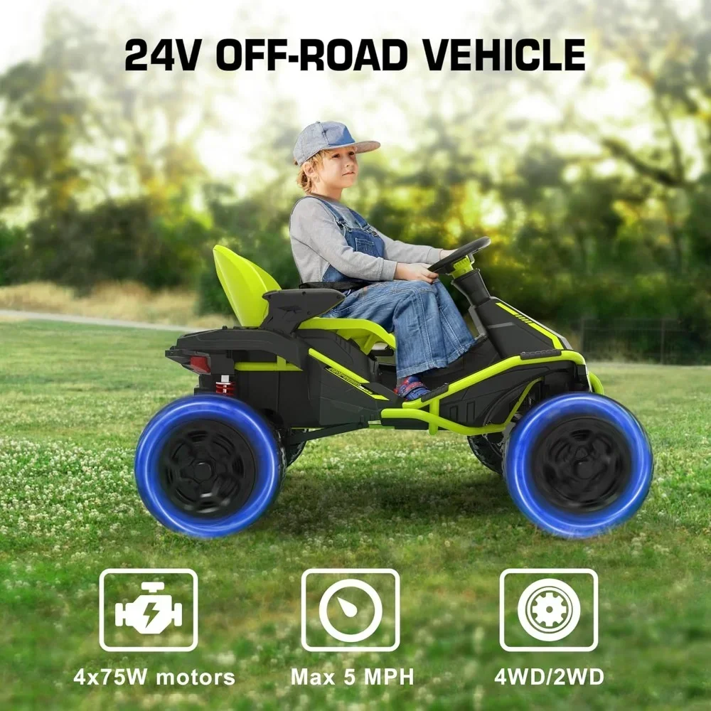 Go Karts de 24 V, coche de paseo de 4 x 75 W y 5 MPH con control remoto para padres, asiento ancho ajustable, faros delanteros, marco de metal, 4 amortiguadores