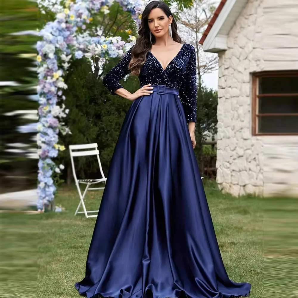 

Customized Luxury Long Sleeve Mother of Bride Dresses V-Neck Satin Formal Elegant Sequins Cocktail Wedding Party Dresses