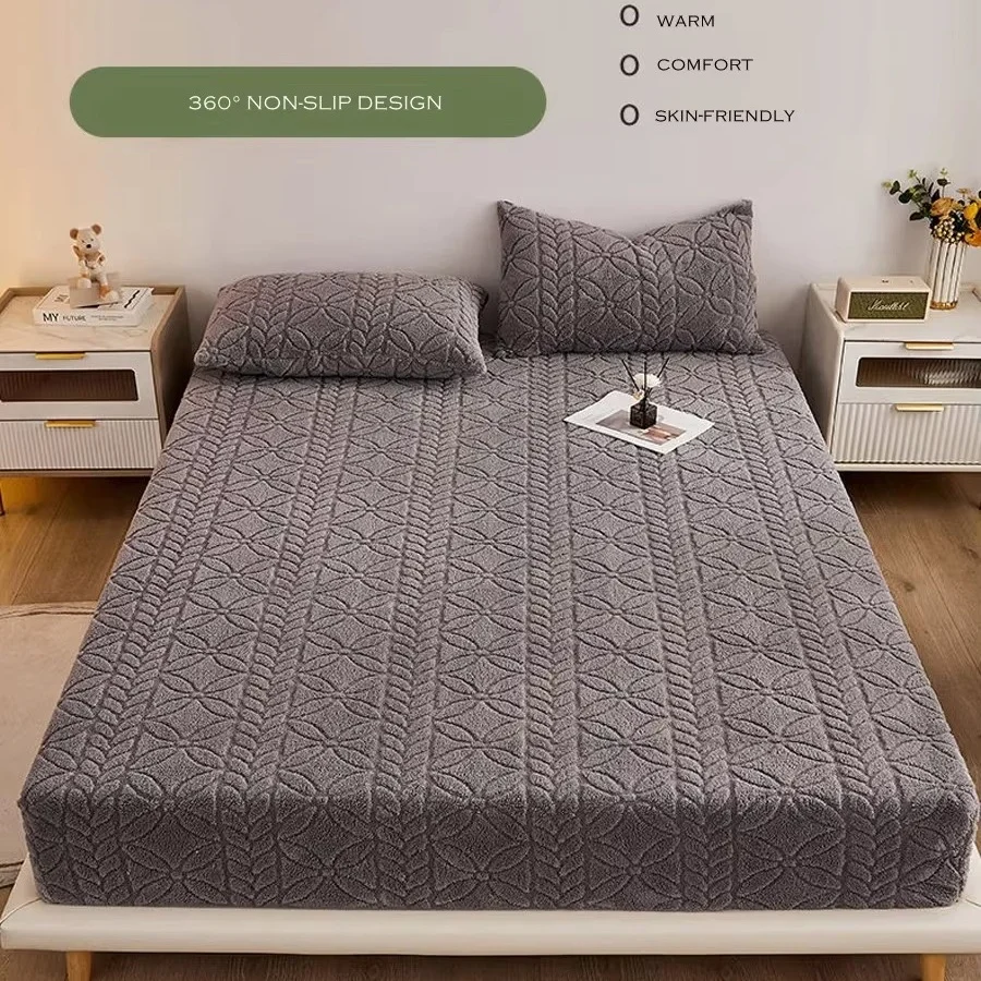 Winter Embossed Plush Fitted Sheet Soft Warm Coral Velvet Mattress Protector Cover Queen King Size Deep Pocket Elastic Bed Sheet