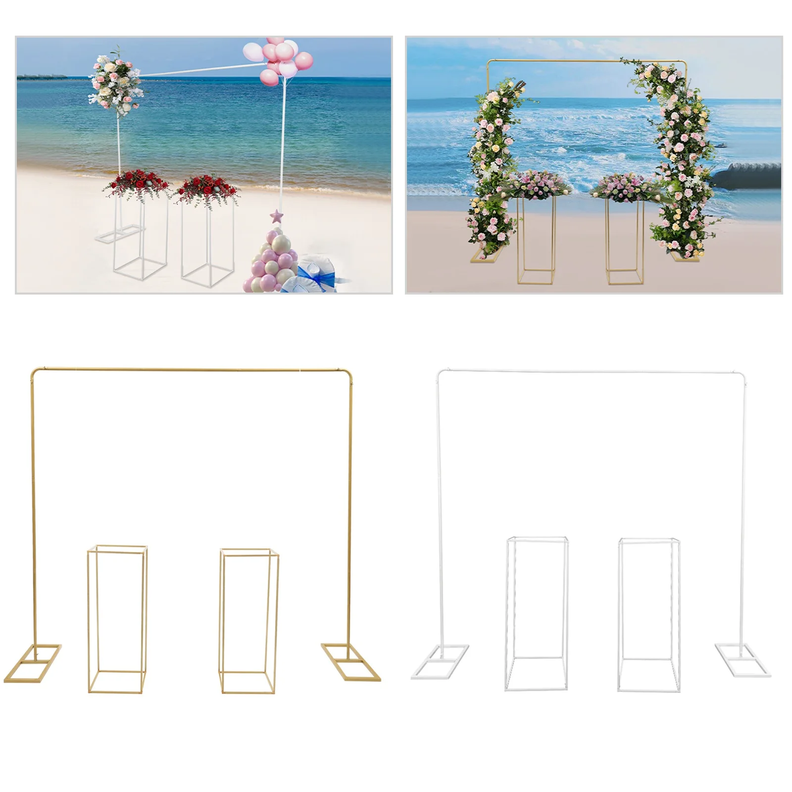 2x2m Balloon Arch Stand with 2 Flower Stands, Metal Wedding Backdrop Stand Set for Party Ceremony Photo Booth Decor (Gold/White)