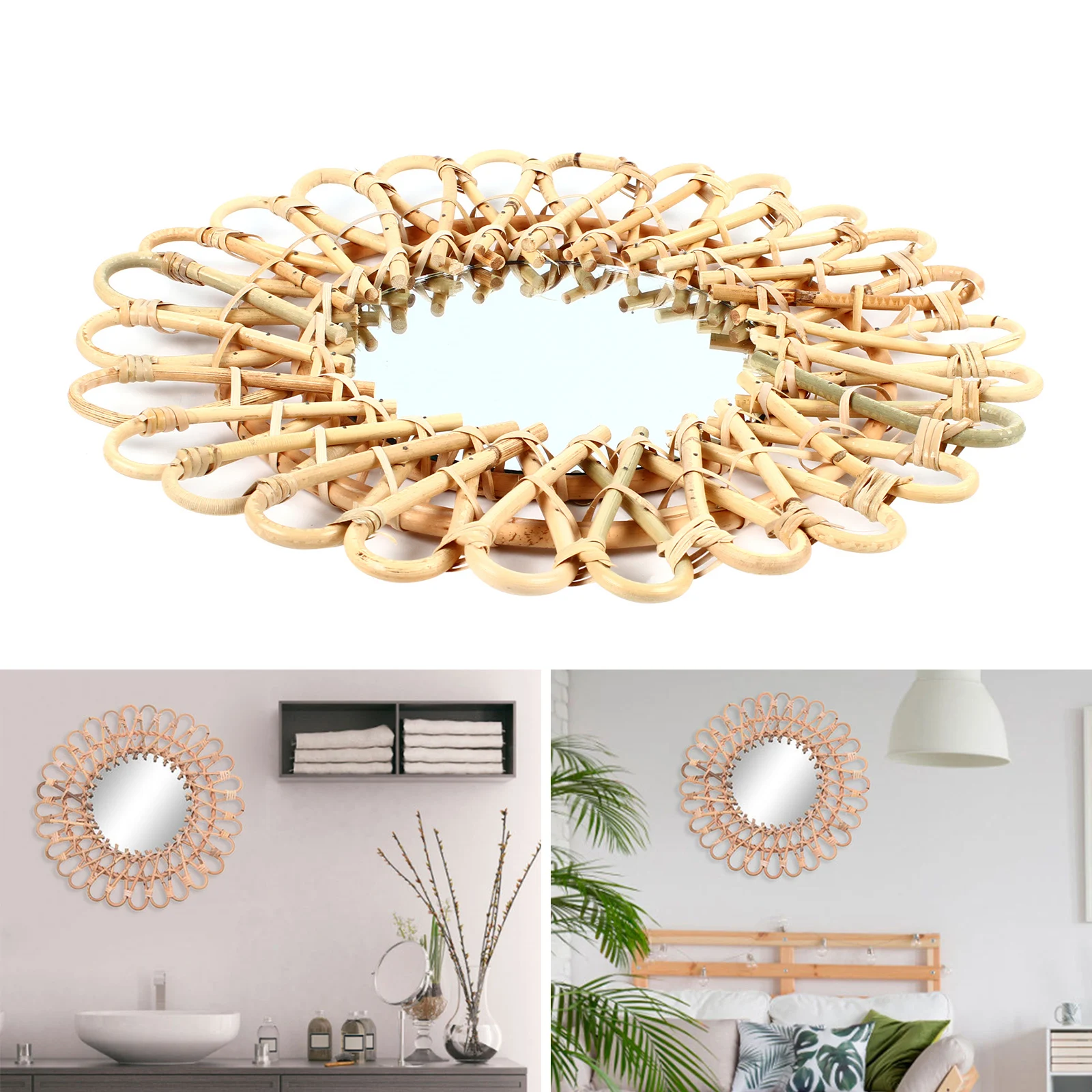 

Hanging Mirror 16" Rattan Sunflower Circular Wall-Mounted Boho Nordic Style Circular for Inodoor Home Office Living Room Hallway