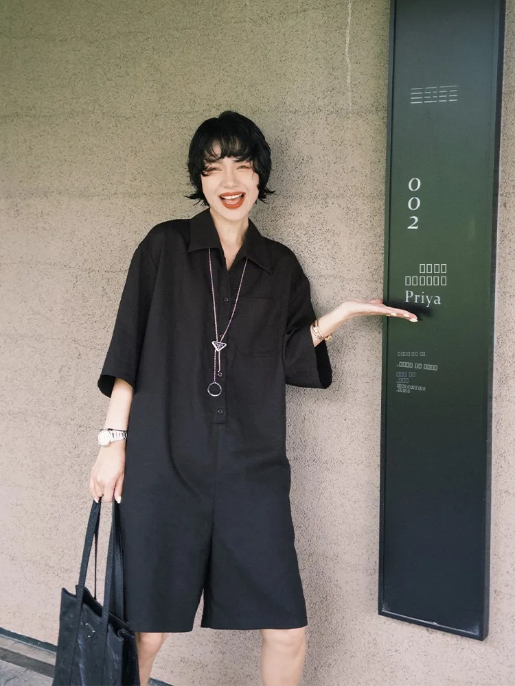 

Buue Retro Collar Casual Pants Single Row Simple Bla Slimming Overalls Straight Leg Thin Summer 2025 Women's Faion