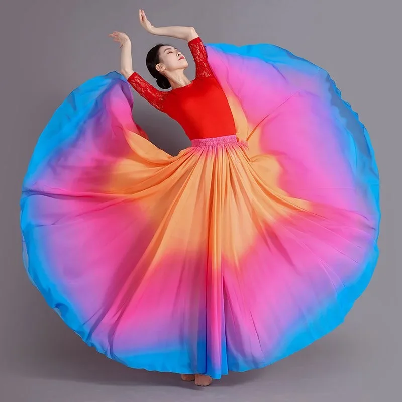 Women Classical Dance Stage Performance Dancing Skirts 720 Degree Costumes Multicolour Gradient Flamenco Dance Performer Skirts