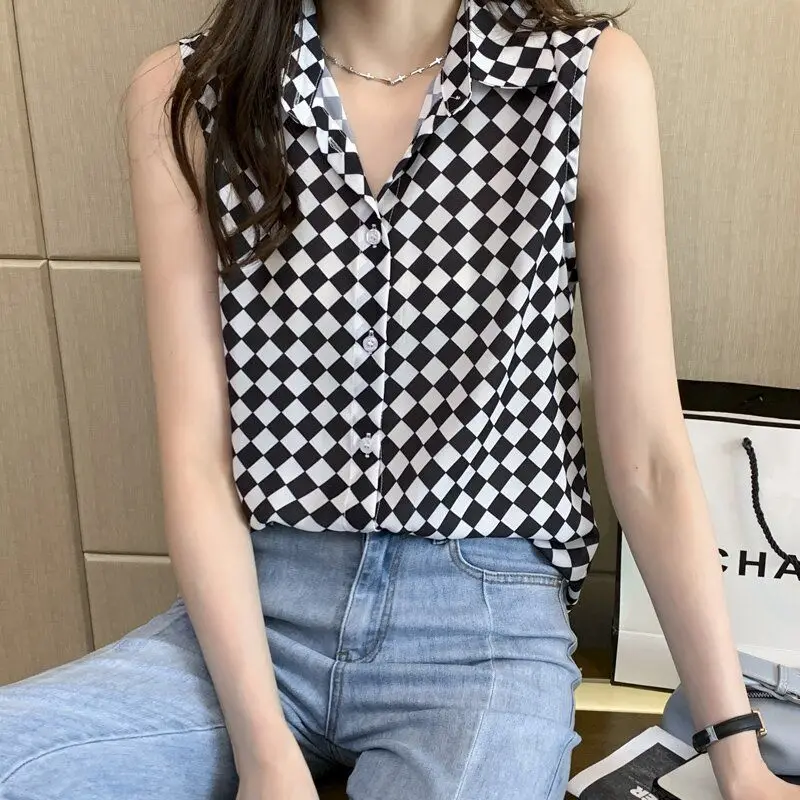 Casual Plaid Single-breasted Blouse Women Sleeveless Polo Collar Korean Summer Lady Pullover Temperament Chiffon Shirt 2023