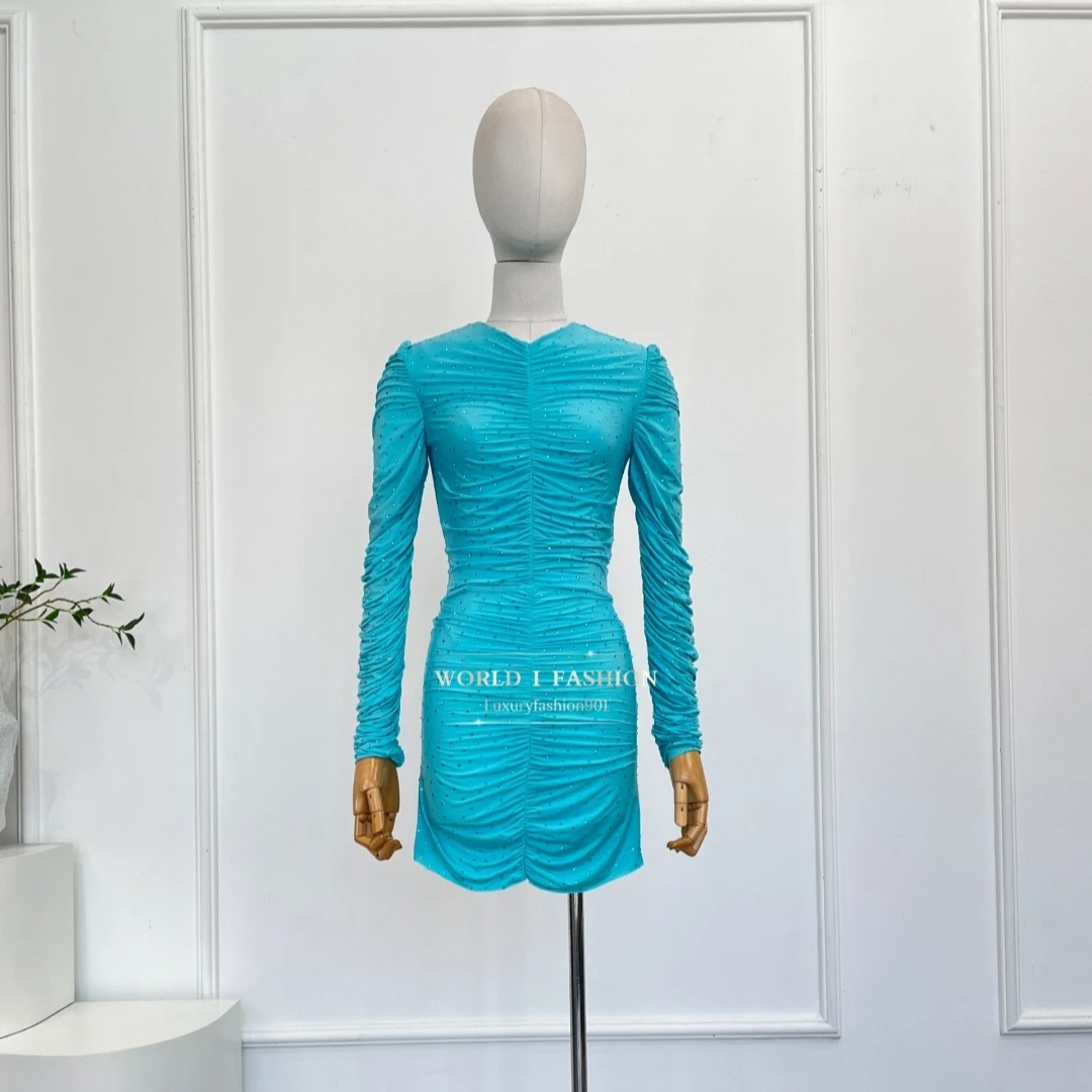 

Women Green Blue Long Sleeve Diamonds Pressed Mini Dress 2025 Sexy Elegant Slim Fit for Lady Party