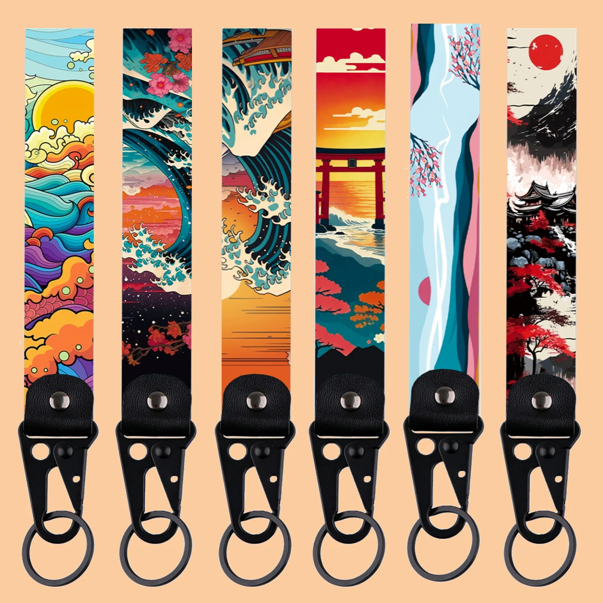 Ukiyo-e Wave Eagle Beak Keychain Motorcycles Japanese Art Style Short Lanyards Used in Phone Rope Badge Holder Accessories
