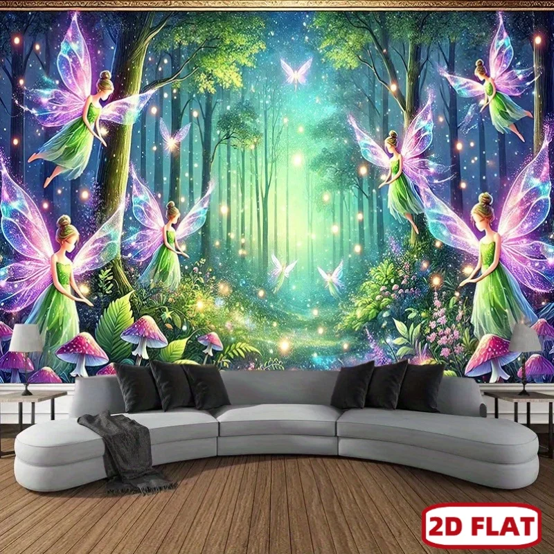 2D Flat - -  Fiat Banner 1pc Oversized Polyester Tapestry - Enchanted Fairy Forest With Glowing Butterflies & Stars Vibrant Hori