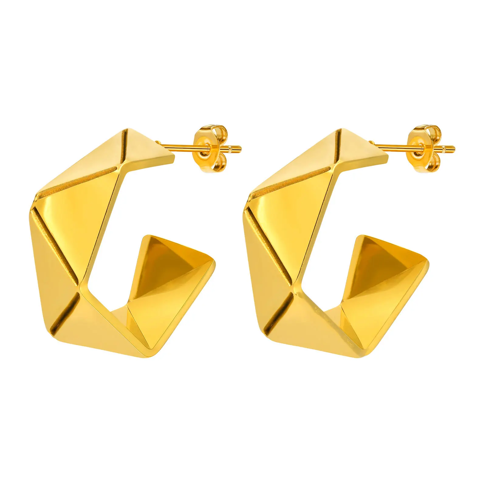 Unique Geometric Hoop Earring Women, 18k Gold Plated Stainle Steel Medium Ear Jewelry