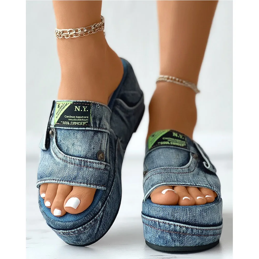 New Women\'s Denim Platform Slides Fashion Slip-On Wedges High Heels Summer Sandals Women Casual Leisure Comfy Woman Shoes