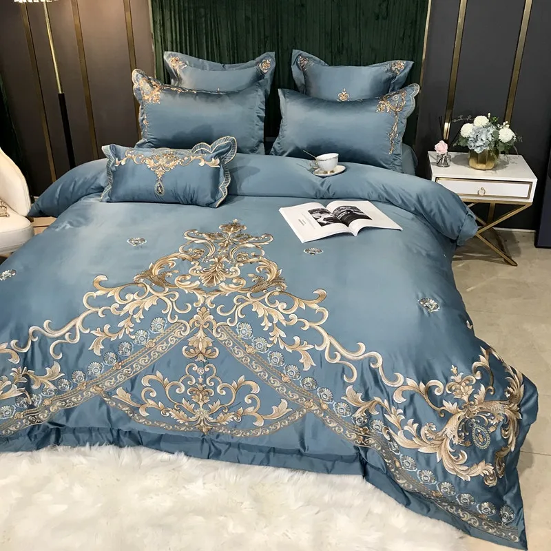 

European style Egyptian 100% Cotton Bedding Set Golden Embroidery Home Textiles Duvet Sheet Pillowcases Set Full King Queen Size