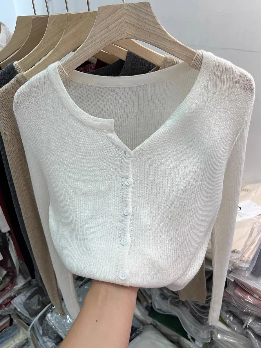 

Woman Early Autumn Winter 2025 Long Sleeve Casual V-Neck Sweater Korean Style Soft Knitted Base Cardigan Solid Versatile Tops