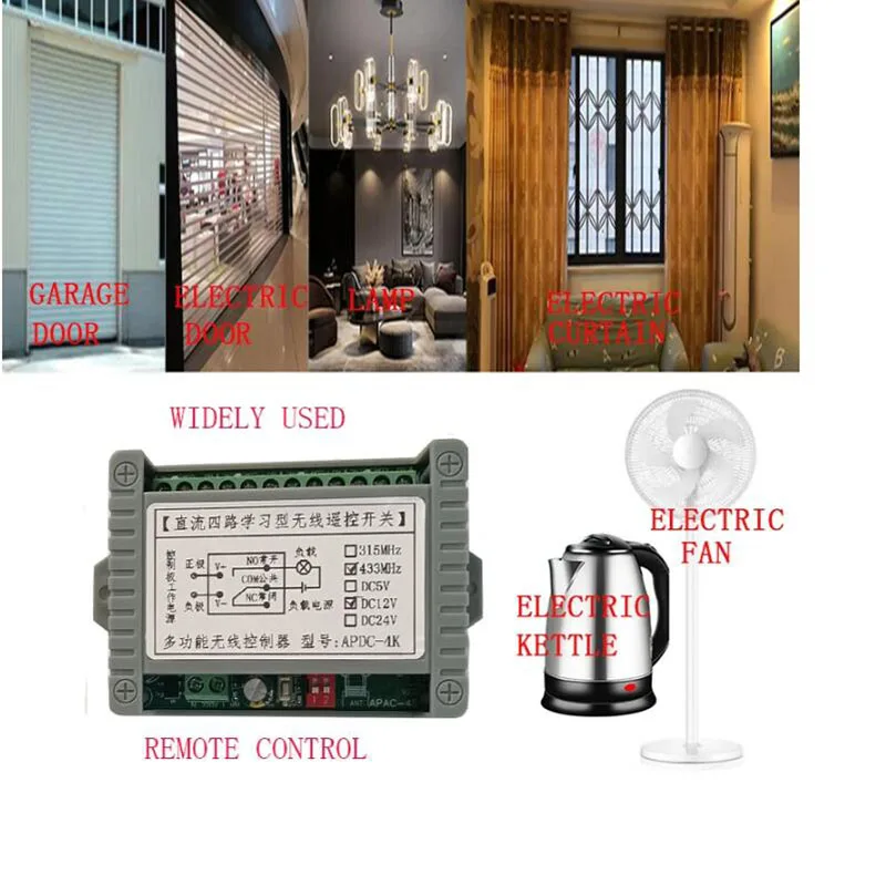 Interruptor de luz controle remoto sem fio, Relé Saída, Rádio RF Transmissor, Receptor 433MHz, Abridor de garagem, Portão, 1000m, DC 12V, 24V, 4CH