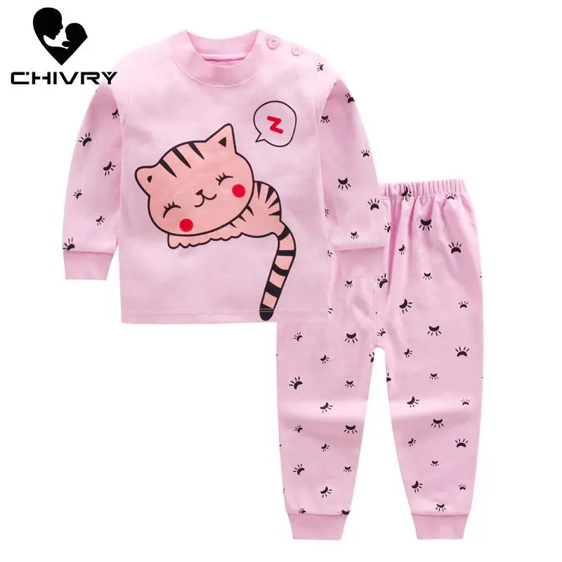 New 2022 Kids Girls Boys Pajama Sets Cartoon Print Long Sleeve O-Neck Cute T-Shirt Tops with Pants Baby Autumn Sleeping Clothes