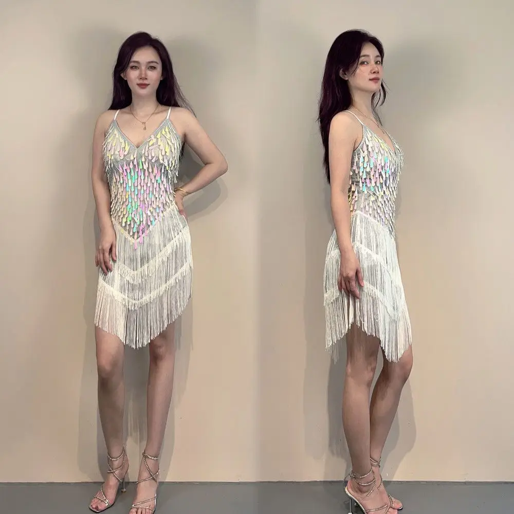 

Women's Latin Dance Dress Sequin Tassel Skirt - Slimming Irregular Strap Ballroom & Nightclub Performance Party Dress