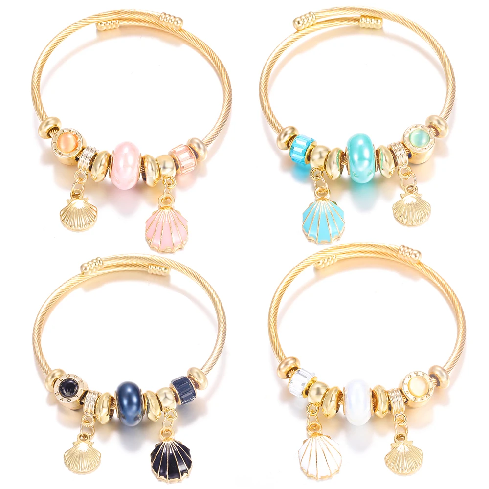 

New ins Style Shell Painted Pendant Golden Stainless Steel Beaded Bracelet 4 Colors Closure Bangles Women Charm Bracelet Jewelry
