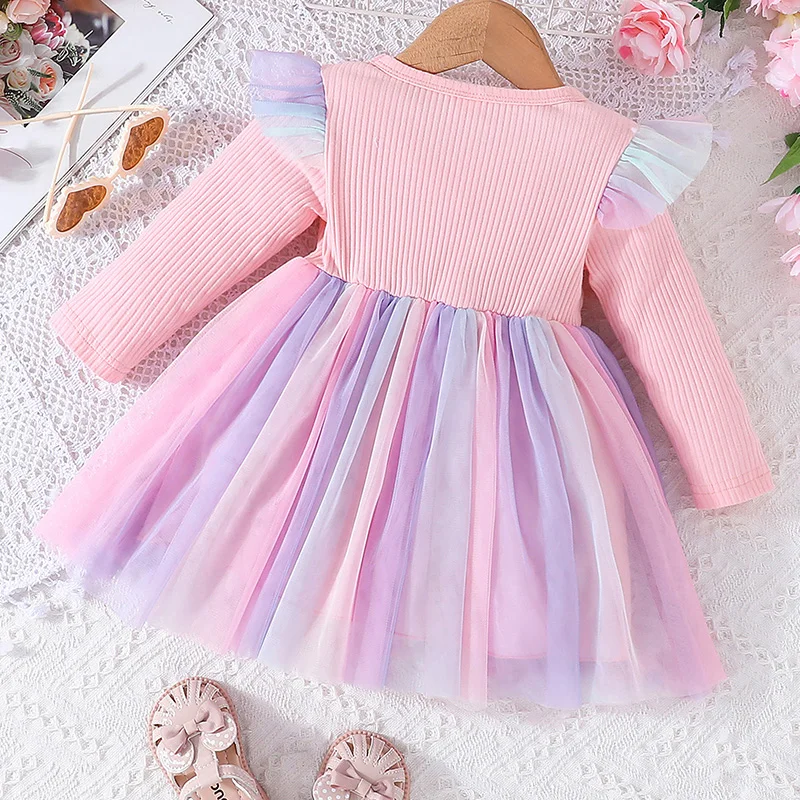 Toddler Kids Girls Spring Princess Dress Long Sleeve Ruffle Tulle Dress Patchwork Dress with Bow