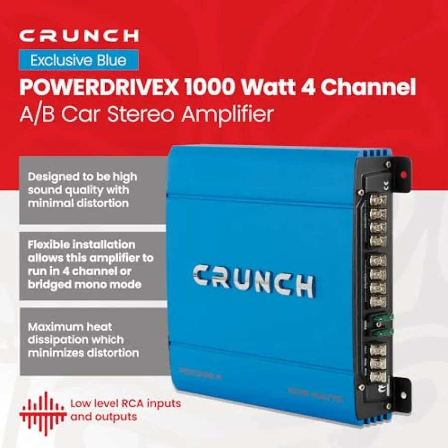 Car stereo amplifier for automotive use, aluminum chassis, blue finish, 1000W 4-channel high-power output with A/B class stabil