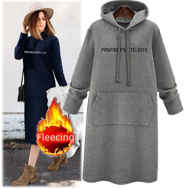 Fleece Hooded Shirt Zip-up Sweatshirt Letter Knee Length Dress Casual Woman Clothes Streetwear Winter Long Sleeve Sportwear Y2K