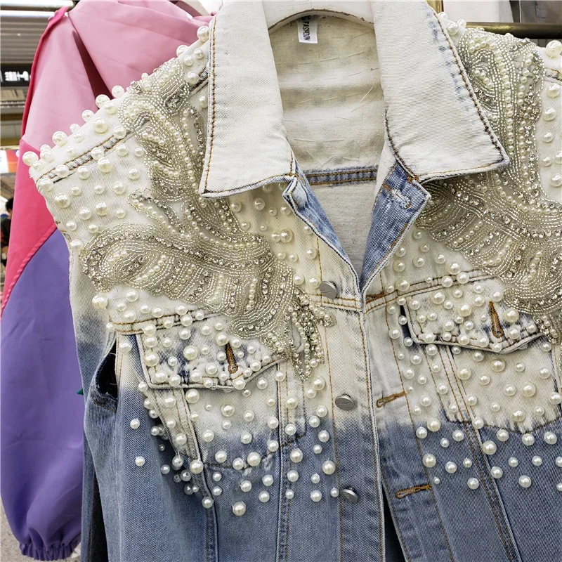 

Heavy Work Diamonds Beading Pocket Tie Dye Contrast Color Women Denim Vest Loose Cowboy Waistcoat Sleeveless Jeans Jacket Female