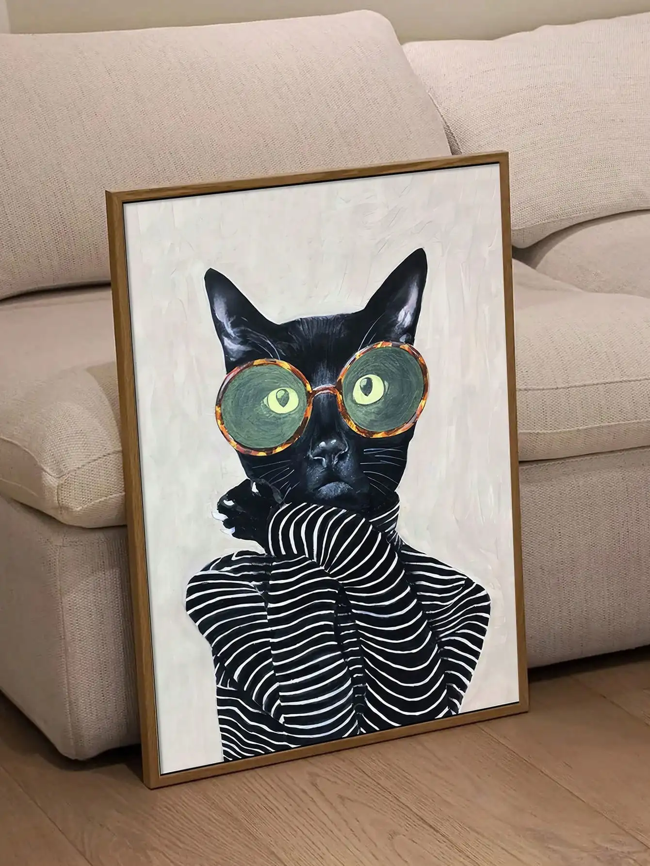 Home Decor Collection Fashionable Cat Striped Shirt and Round Glasses Cat Canvas Wall Art Living Room Wall Art, Unframed