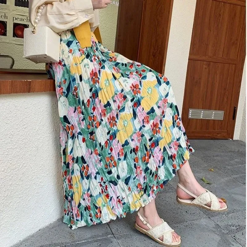 

Retro Oil Painting Skirt Women's Summer Pleated Skirt Mid-length Fashion Slimming A-line