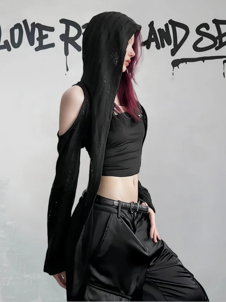 Long Sleeved Off Shoulder T-Shirt for Women's Summer Streetwear Short Tops Punk Grunge Hollow Out Hooded Tee Shirt Outerwear