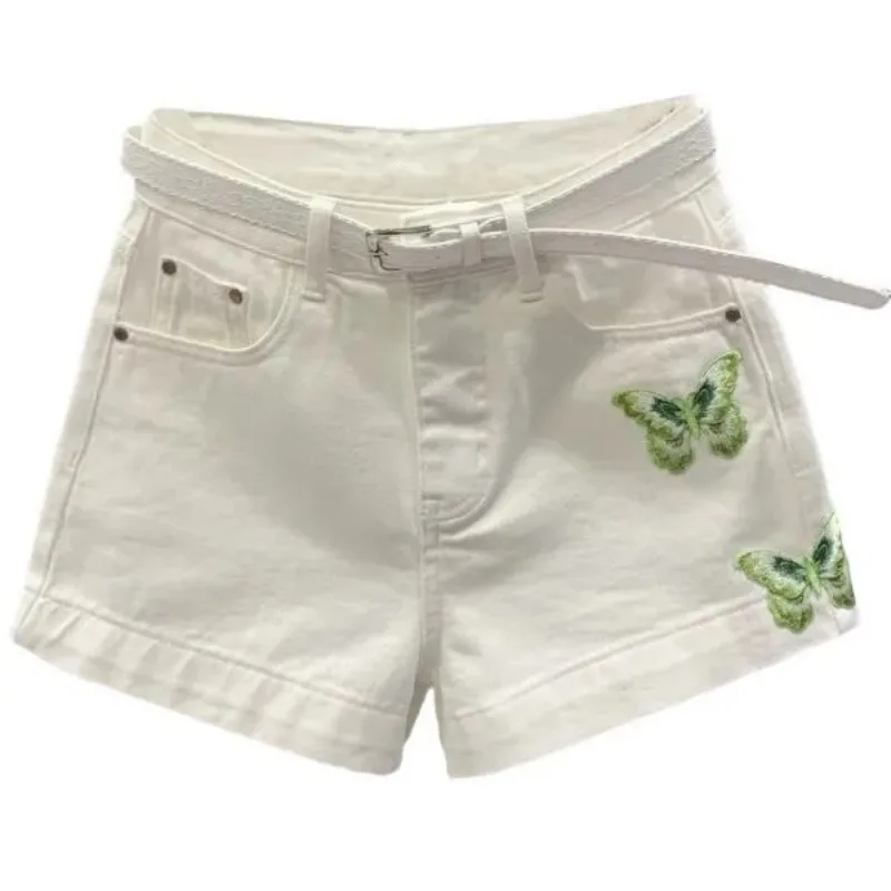 

Women's White High-Waisted Denim Shorts Green Butterfly Embroidery Casual Shorts with Belt