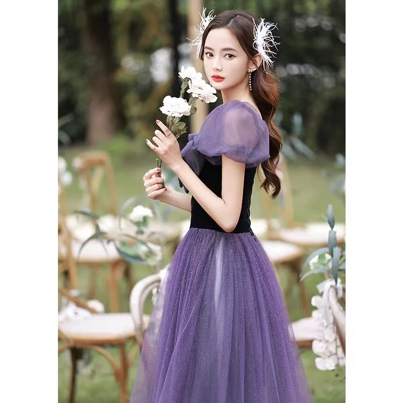 

Purple Elegant Puff Sleeve Prom Dress Bow Square Collar A-line Tulle Floor-Length Bandage Evening Party Gowns Vestidos De Fiesta