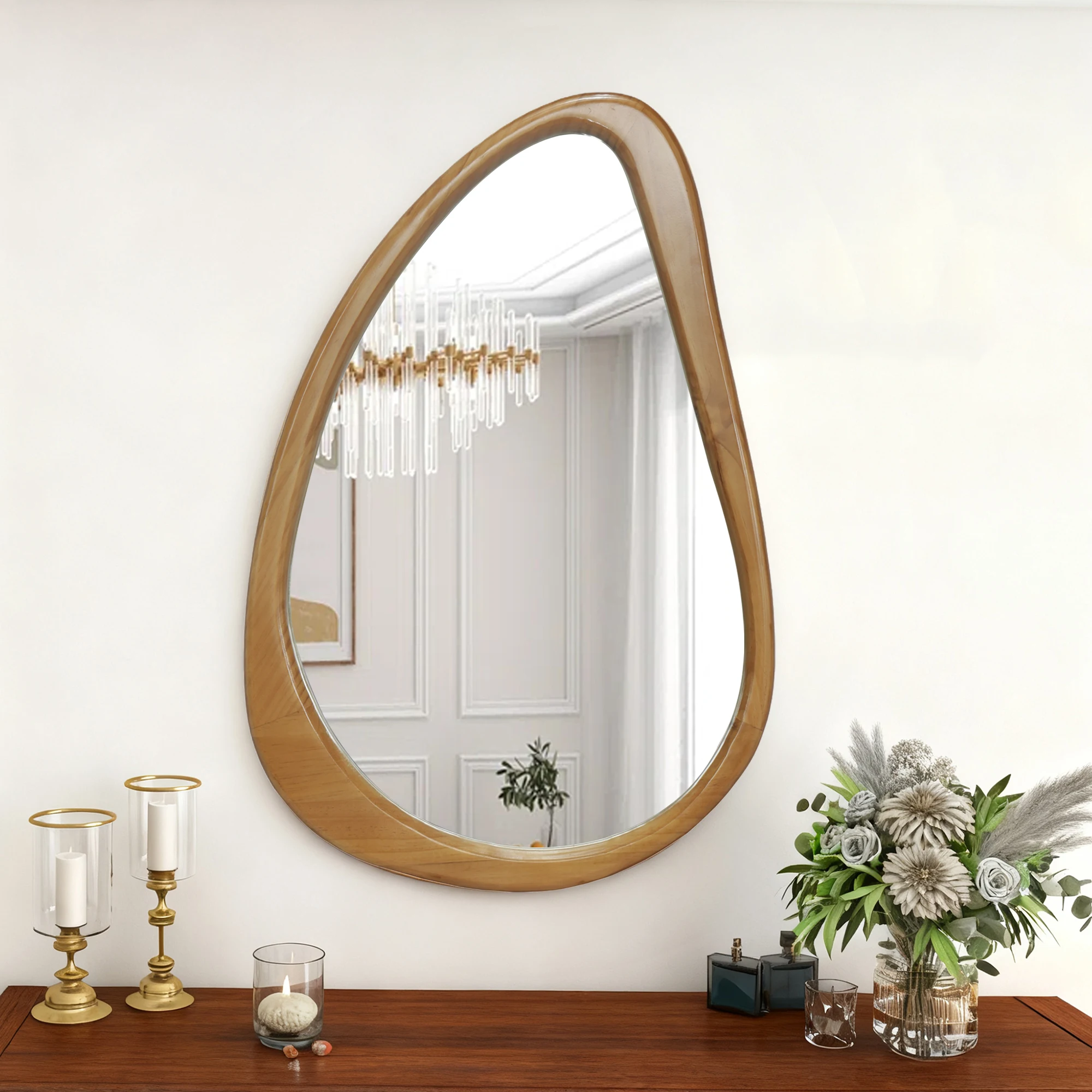 [US Stock] Modern Irregular Teardrop Wooden Wall Mirror, 30x20
