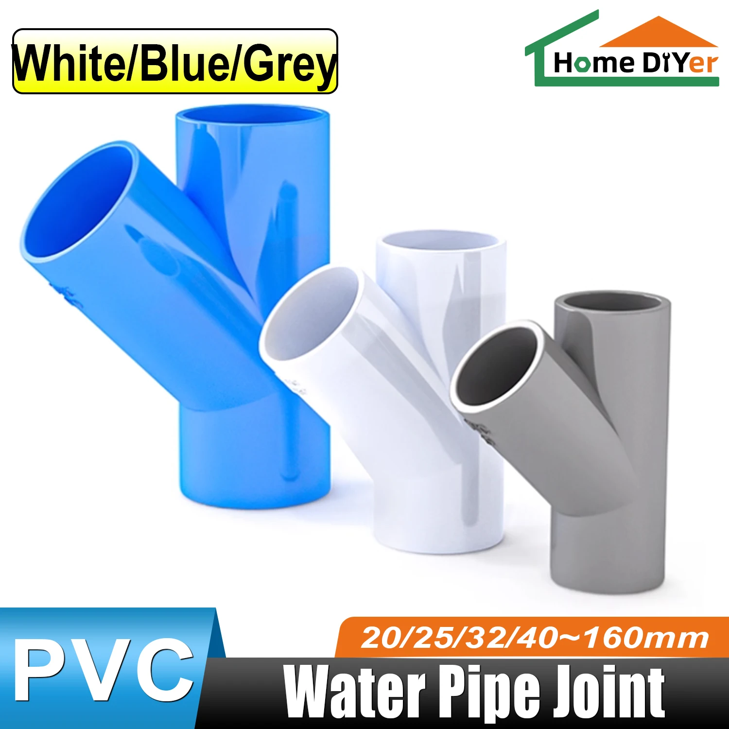 

ID 20 25 32 40 50 63 75-160mm PVC Oblique Tee Connector 45 degree Tilted Three Way Joints Garden Irrigation Y type pipe fittings