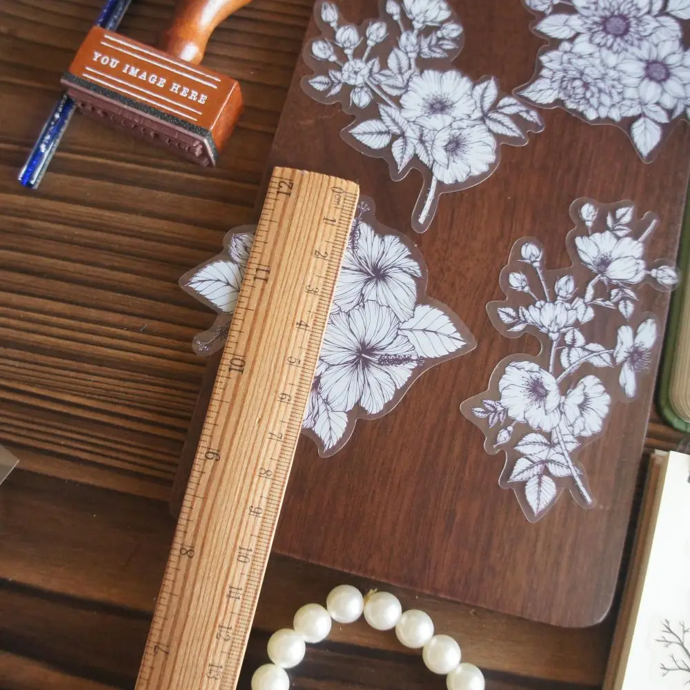 18pcs Colored Pen and Ink Drawing Flower Plant Design PVC Sticker Scrapbooking DIY Gift Packing Label Decoration Tag