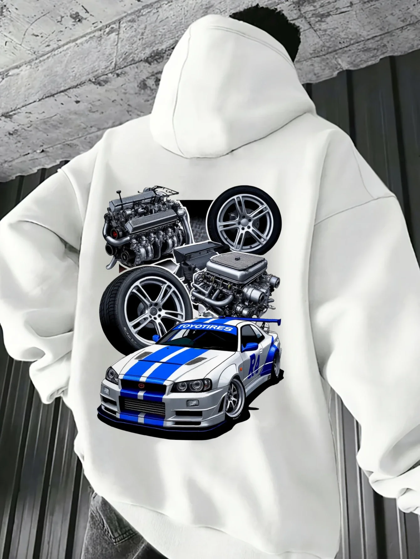 Unisex JDM Skyline R34 Car Engine Wheel Back Print Hoodie, Modified Racing Car Graphic Loose Fleece Sweatshirt Autumn Winter