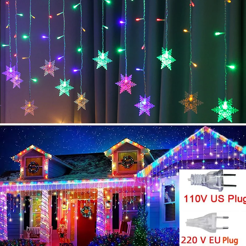 Guirnalda de luces LED con copos de nieve de Navidad, luces de cortina de hadas intermitentes para fiestas, bodas, decoración navideña, artículos para el hogar