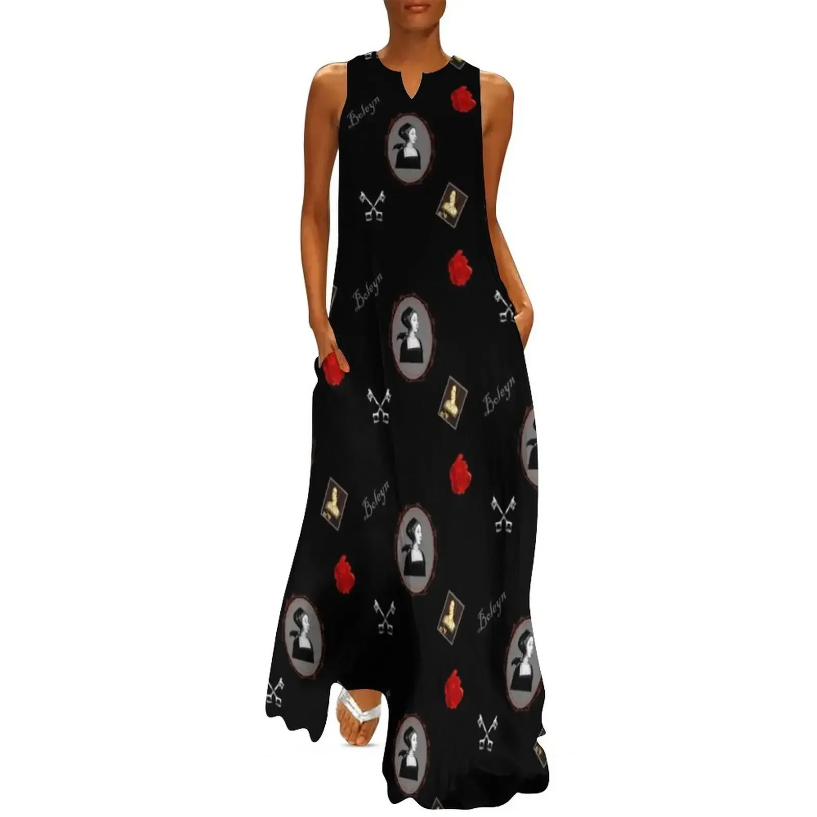 

Anne Boleyn print black and red Long Dress clothes luxury woman evening dress beach outfits for women Dress