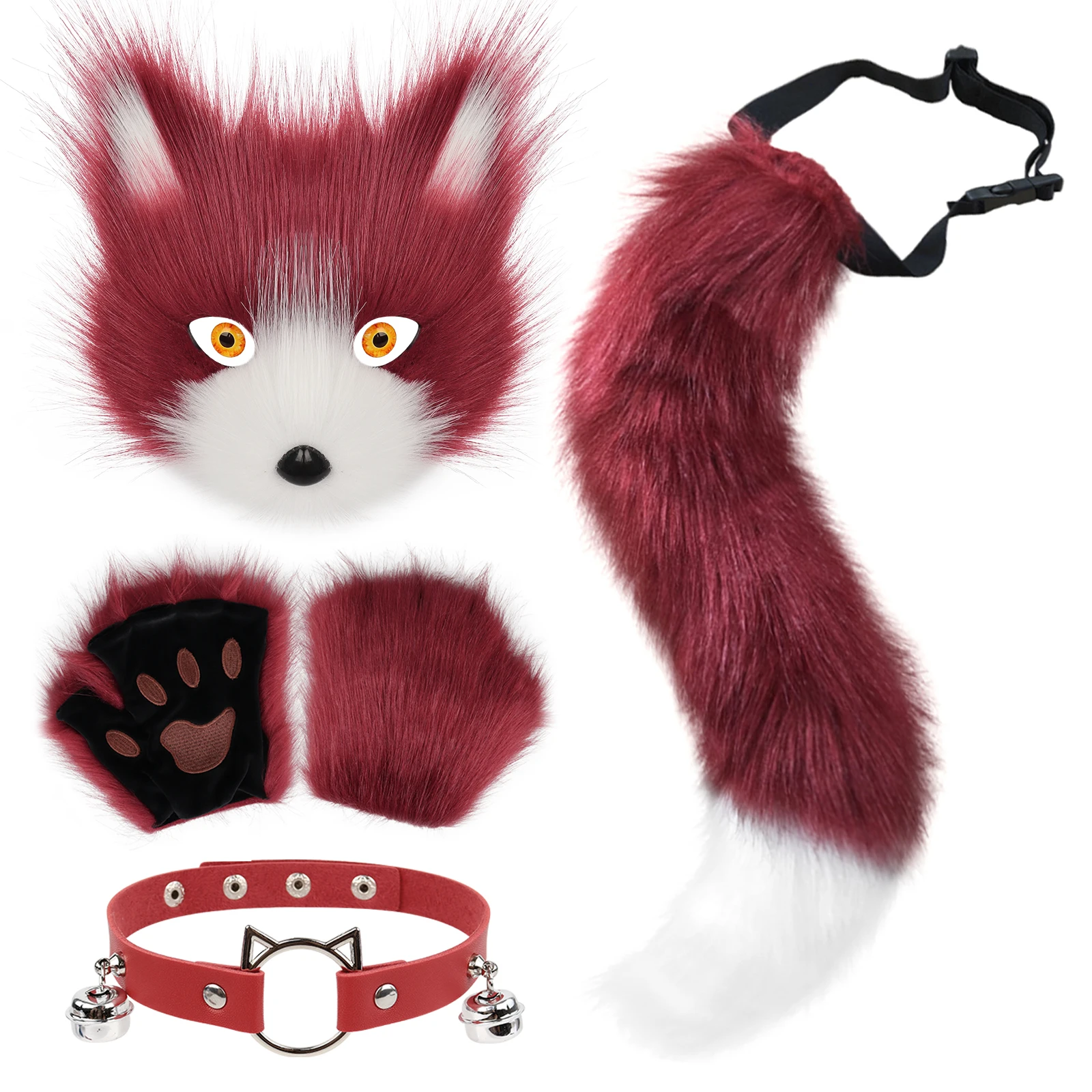 Faux Fur Fox Tail Cat Mask Paw Gloves and Leather Choker Costume Accessories Set for Cosplay Parties
