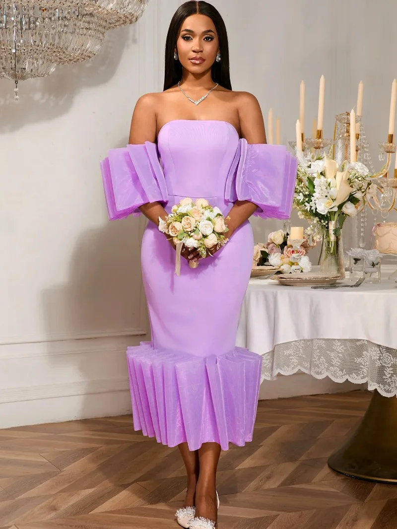

African Women Elegant Strapless Midi Dress Off Shoulder Backless Package Hip Bodycon Sexy Mid-calf for Wedding Formal Events