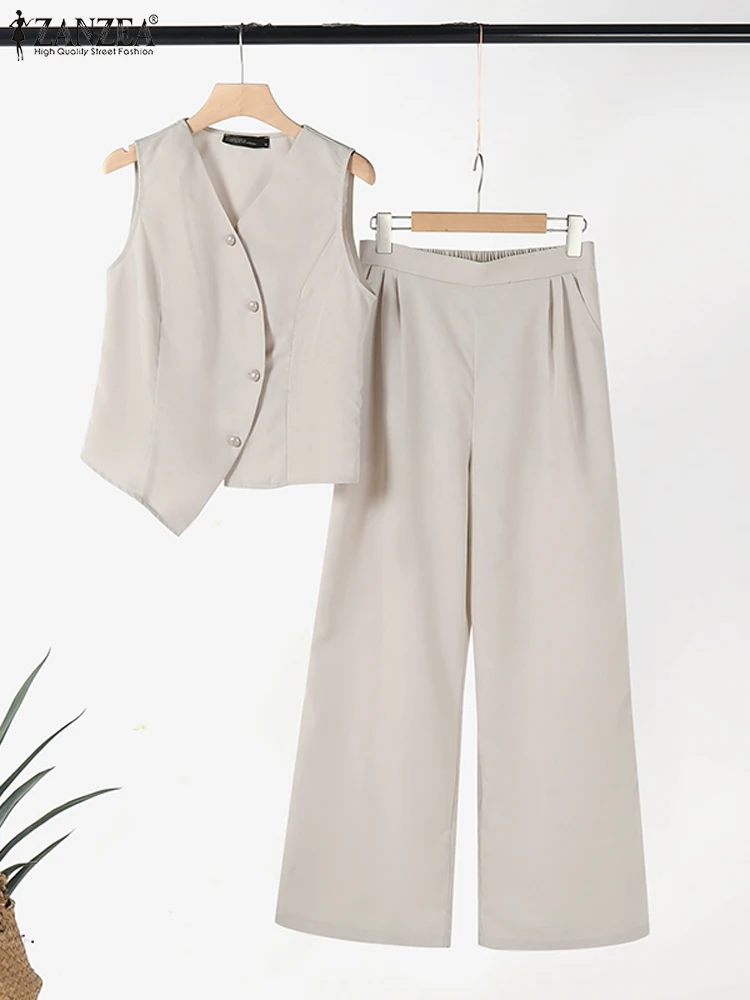 ZANZEA Elegant Women OL Work Pants set 2 pezzi Summer senza maniche top pantaloni a gamba larga 2 pezzi set Solid Office Lady Outfits