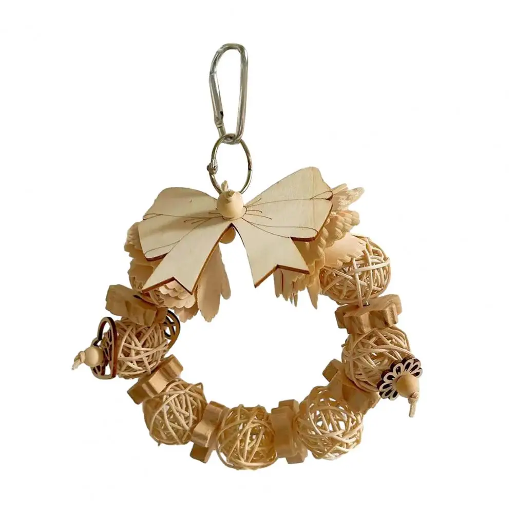 Safe Parrot Chew Toy Wooden Bow Ring Parrot Toy with Rattan Ball Hanging Bird Chewing Toy for Grey Cockatoos Macaws Cage